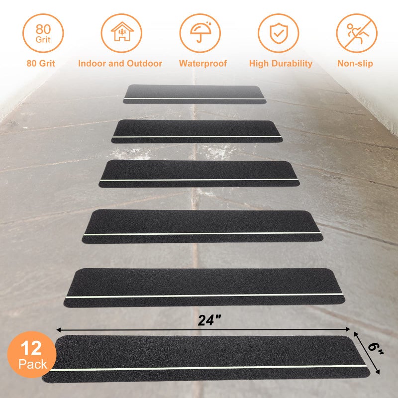 Qingluan Anti Slip Traction Treads with Glow in Dark Stripe, 12-Pack 6 "" X 24 "" Pre-Cut Stair Treads Non Slip Outdoor Tape Black Heavy Duty Outdoor Stair Treads - Image 4